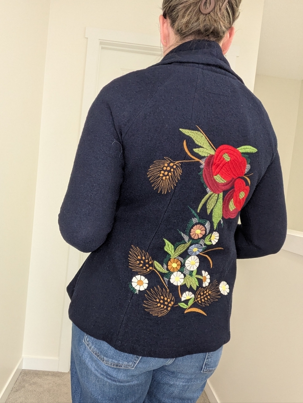 Embroidered Navy Wool Sweater Jacket with Embroidered Floral Back And Collar M